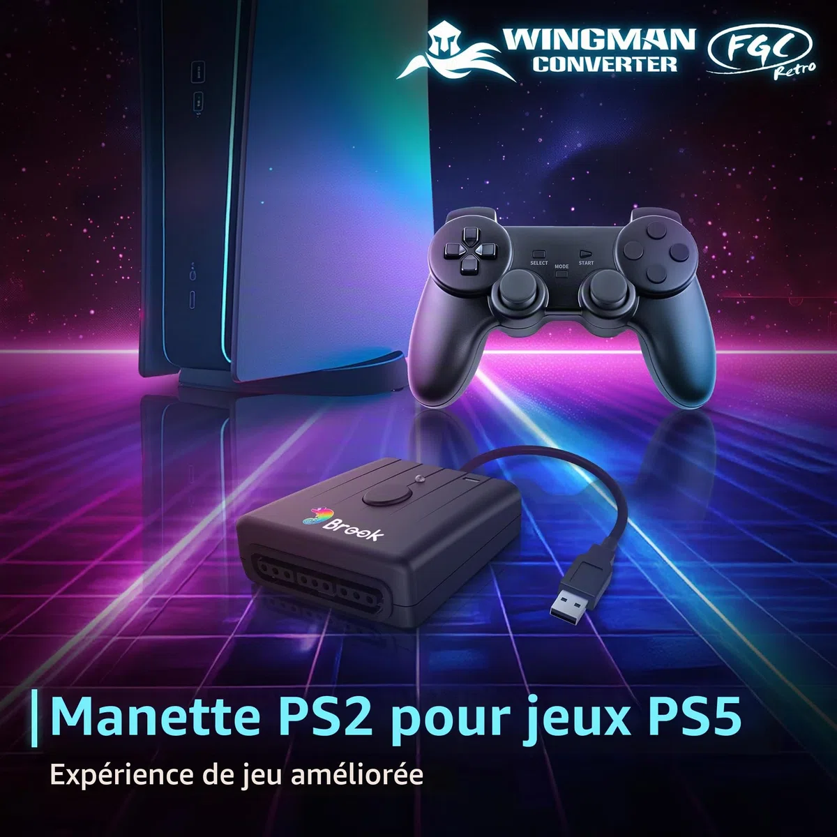 Brook FGC Retro avec porte-clés - Manette PS1 & PS2 pour PS5, PS4, PC - Turbo, Remap, Macro - X-Input - Compatible avec tapis de danse, bâtons d'arcade, manettes de jeu rythmique
