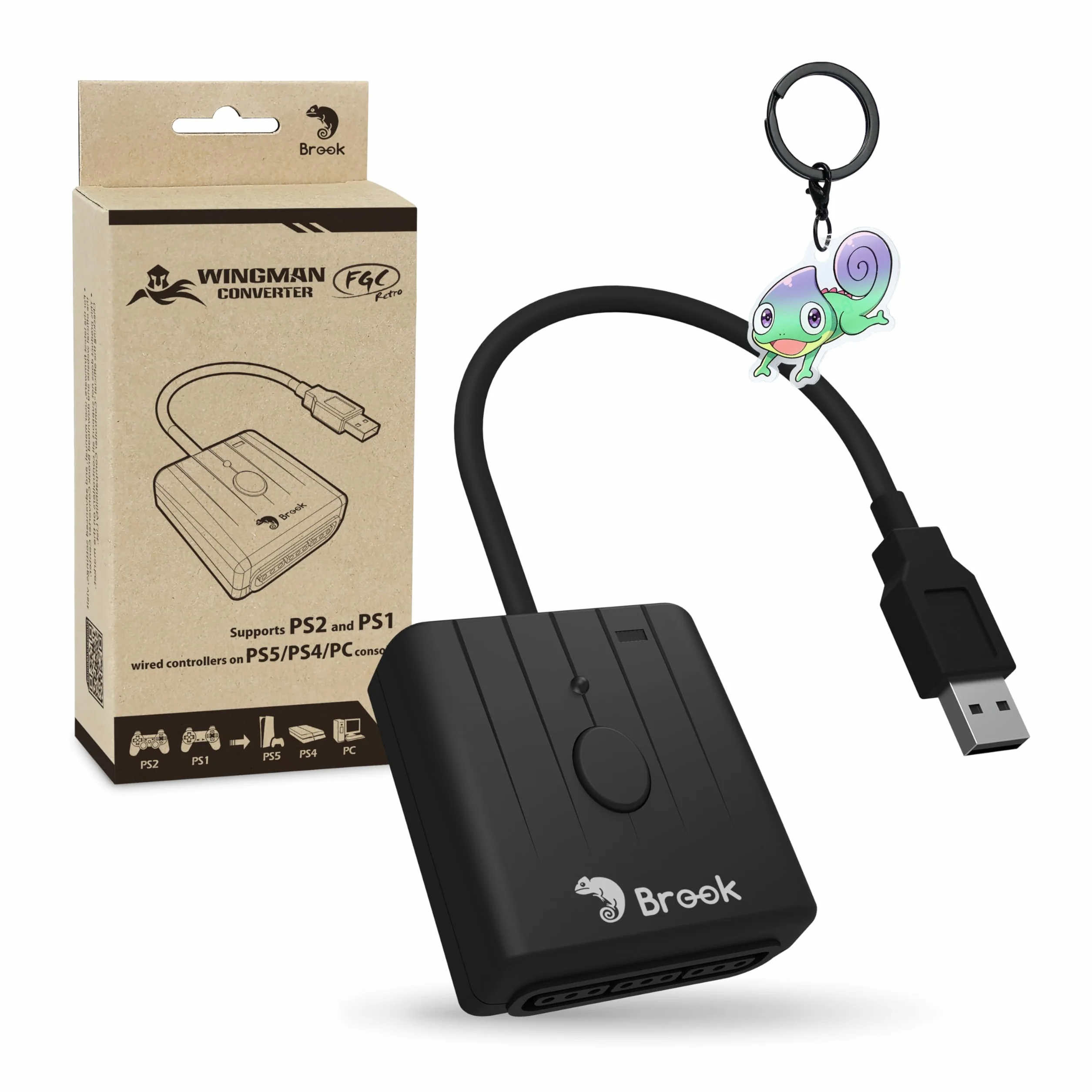 Brook FGC Retro avec porte-clés - Manette PS1 & PS2 pour PS5, PS4, PC - Turbo, Remap, Macro - X-Input - Compatible avec tapis de danse, bâtons d'arcade, manettes de jeu rythmique